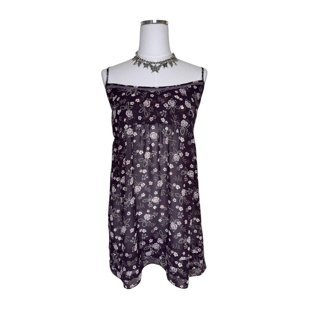 Y2K Victoria’s Secret Purple Floral Sheer Babydoll Mini Slip Dress Size Large
